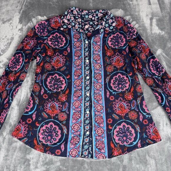 Lucky Brand Womens Top Large Joan Shirt Button Long Sleeve Boho Floral Batik - Picture 2 of 9